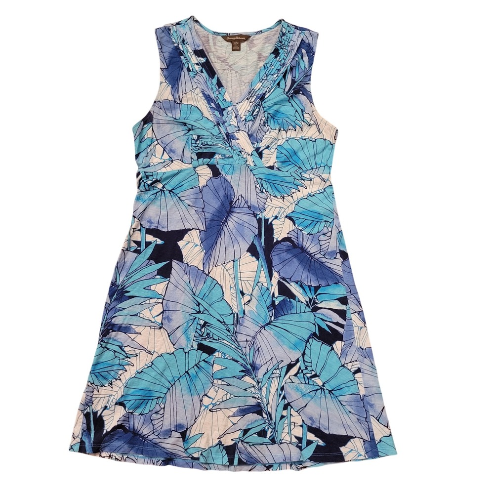 Tommy Bahama M Sleeveless Dress Blue Tropical Leaf Pleated V Neck A Line Beach
